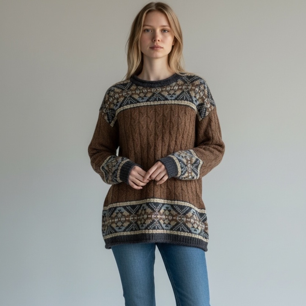 True Mark Vintage Brown and Navy Wool Blend  Knit Crew Neck Large Sweater